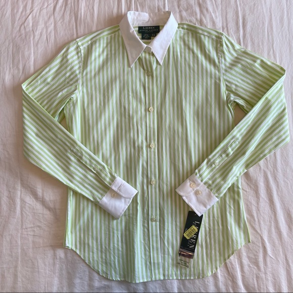 NWT LRL Petite Green Striped Button Down - Picture 2 of 6